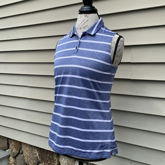 NIKE DRI-FIT Sleeveless Striped Golf Polo - Heathered Blue/White - Picture 4 of 16
